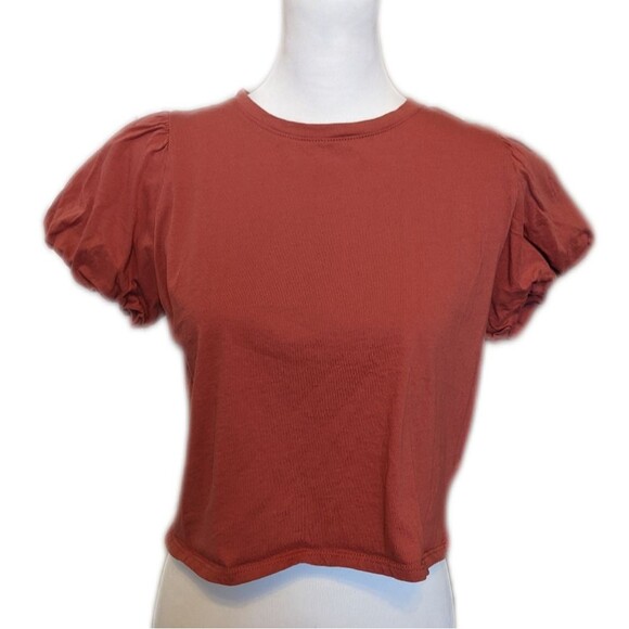 Tres Bien dusty rose/coral slightly cropped puff sleeve tee t-shirt, S - Picture 1 of 4